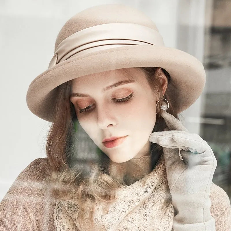 EE 5237 autumn and winter new rolled eaves dome wool hat big eaves all simple winter hat woman