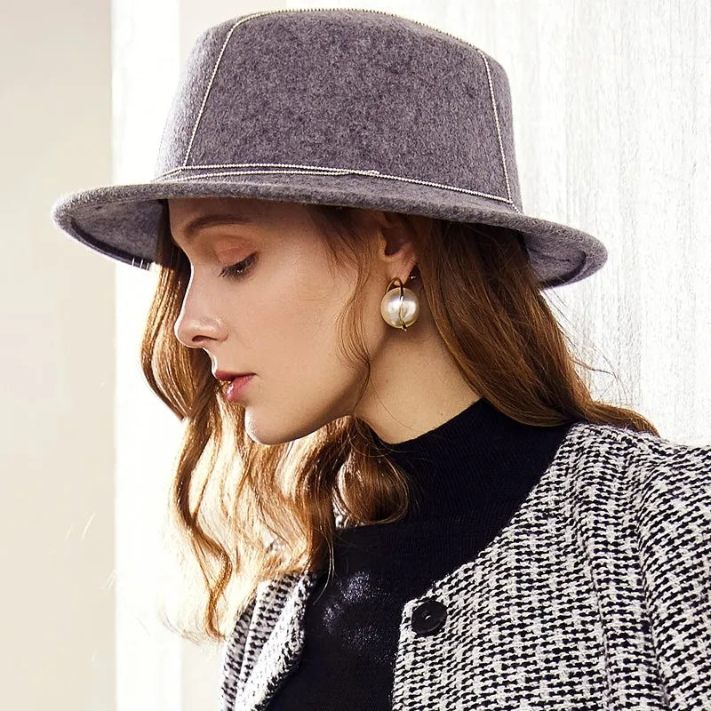 EE 5262 Wool Hat Autumn and Winter New Flat Top Wide brim Wool Hat Simple and Versatile Elegant Hat for Women