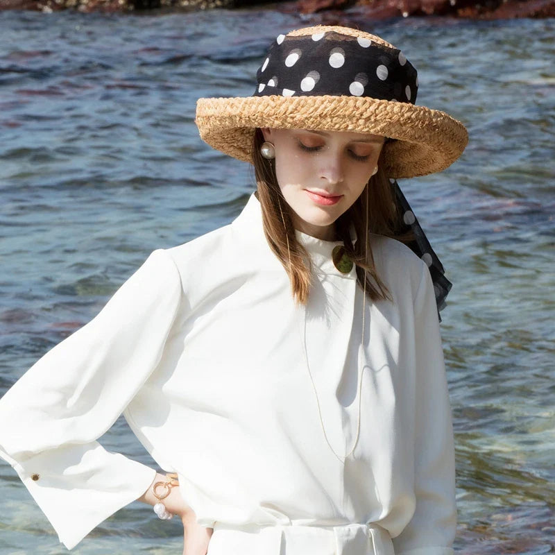 FADVES Women's Straw Sun Hat with Polka Dot Ribbon, Natural Woven Beach Cloche Hat, Summer Wedding Church Bowler Hat 7007