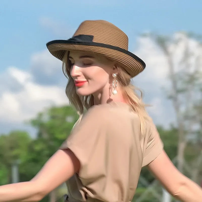 FADVES Vintage Bohemian Straw Sun Hat, Coffee Brown, Wide Brim, Summer Beach Vacation Style, Casual Outdoor Protection 7068