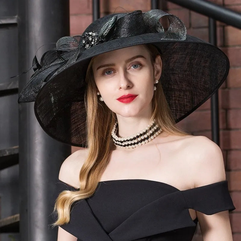 FADVES Women's Wide Brim Sinamay With Bowknot/Rhinestone Kentucky Derby Church Hats