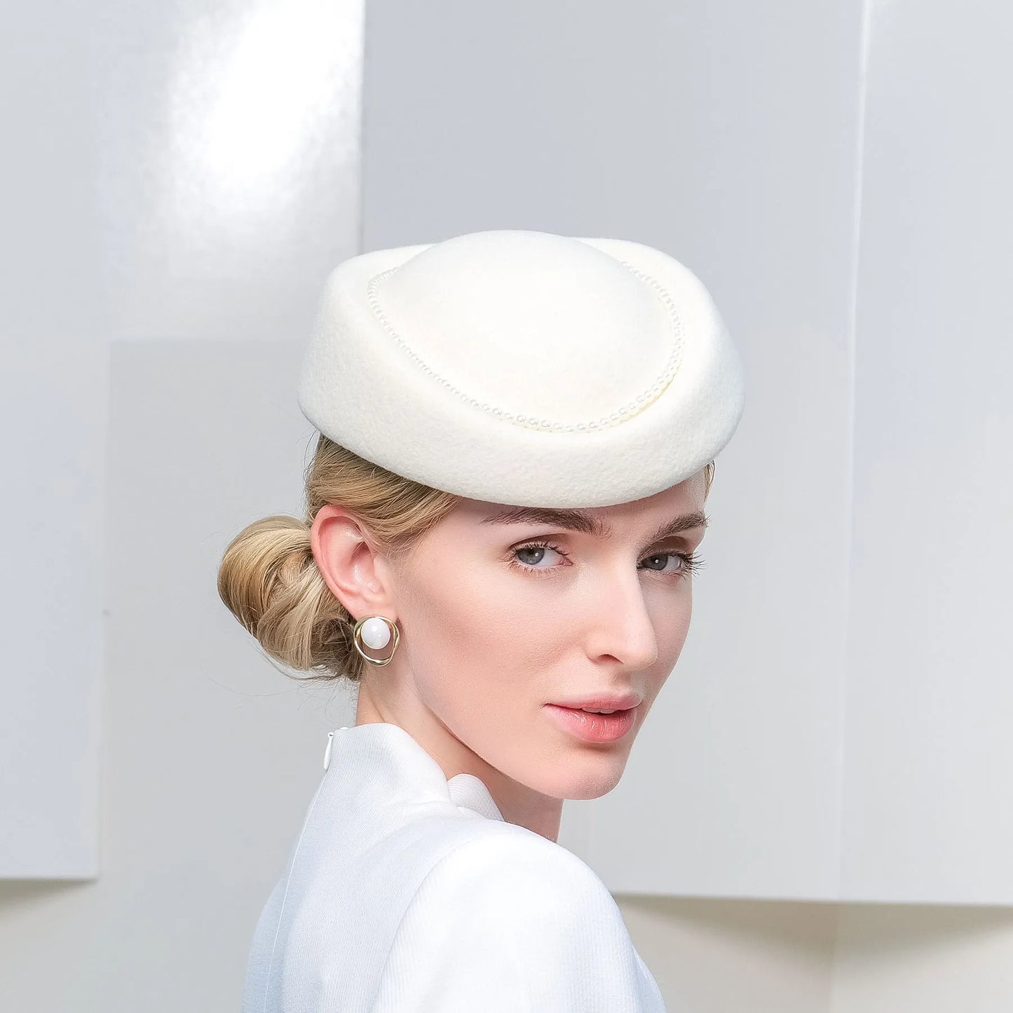 Elegant 100% Wool Pillbox Hat Wedding Evening Party Elegant Wedding With White Pearl Cap Headpiece Headwear 3045