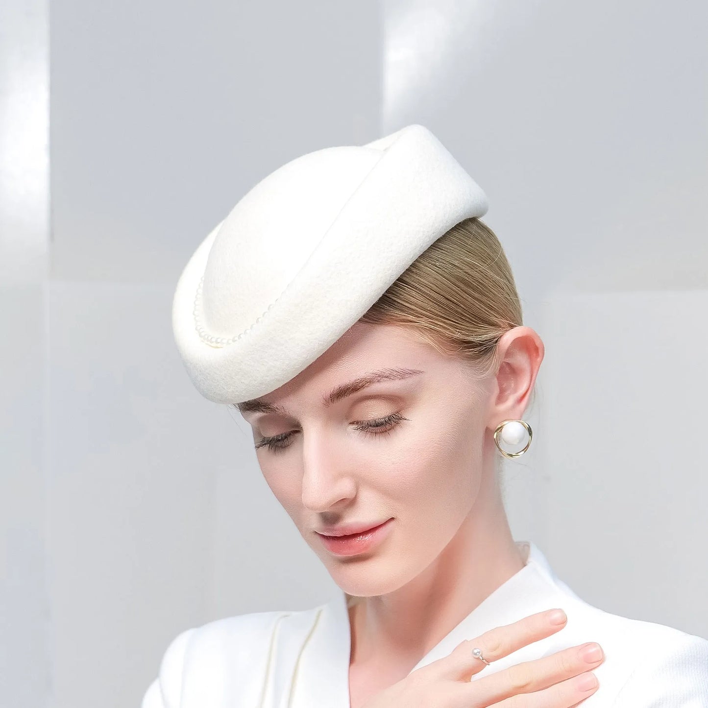 Elegant 100% Wool Pillbox Hat Wedding Evening Party Elegant Wedding With White Pearl Cap Headpiece Headwear 3045