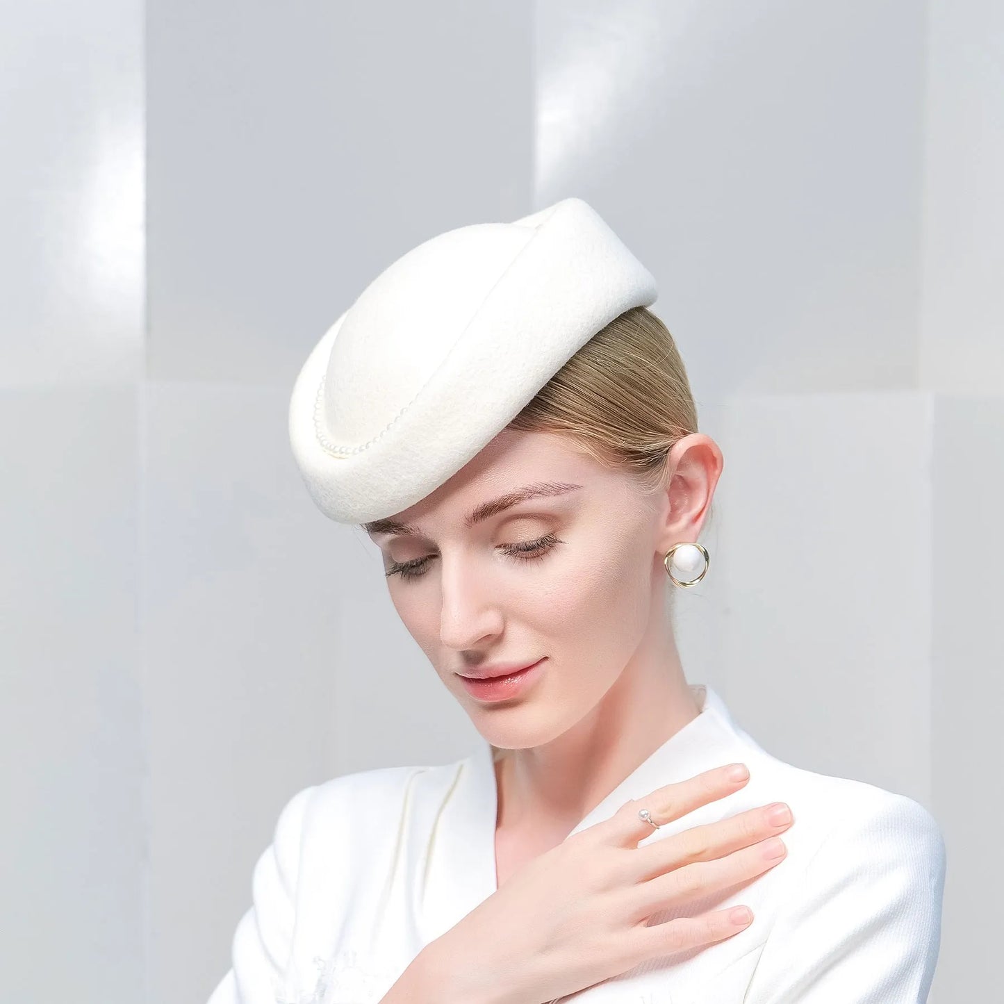Elegant 100% Wool Pillbox Hat Wedding Evening Party Elegant Wedding With White Pearl Cap Headpiece Headwear 3045