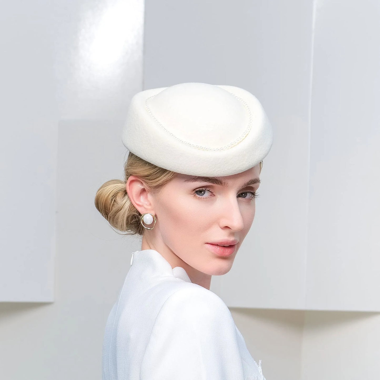 Elegant 100% Wool Pillbox Hat Wedding Evening Party Elegant Wedding With White Pearl Cap Headpiece Headwear 3045