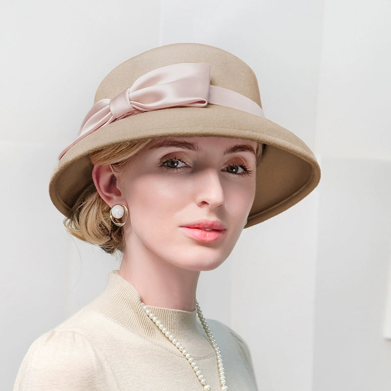 Elegant Vintage Church Hats 100% Wool Hats with Satin Bow Kentucky Derby Cloche Hats