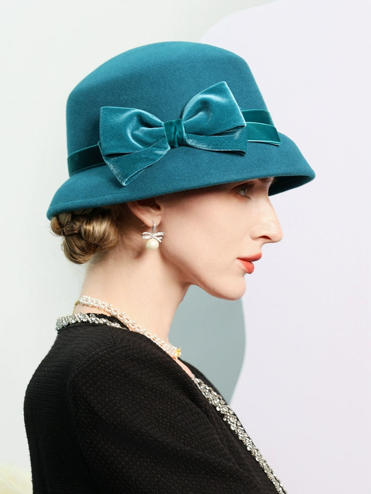 FADVES Women Solid Color Winter Hat 100% Wool Cloche Bucket Bowknot Fedora Hats 5030