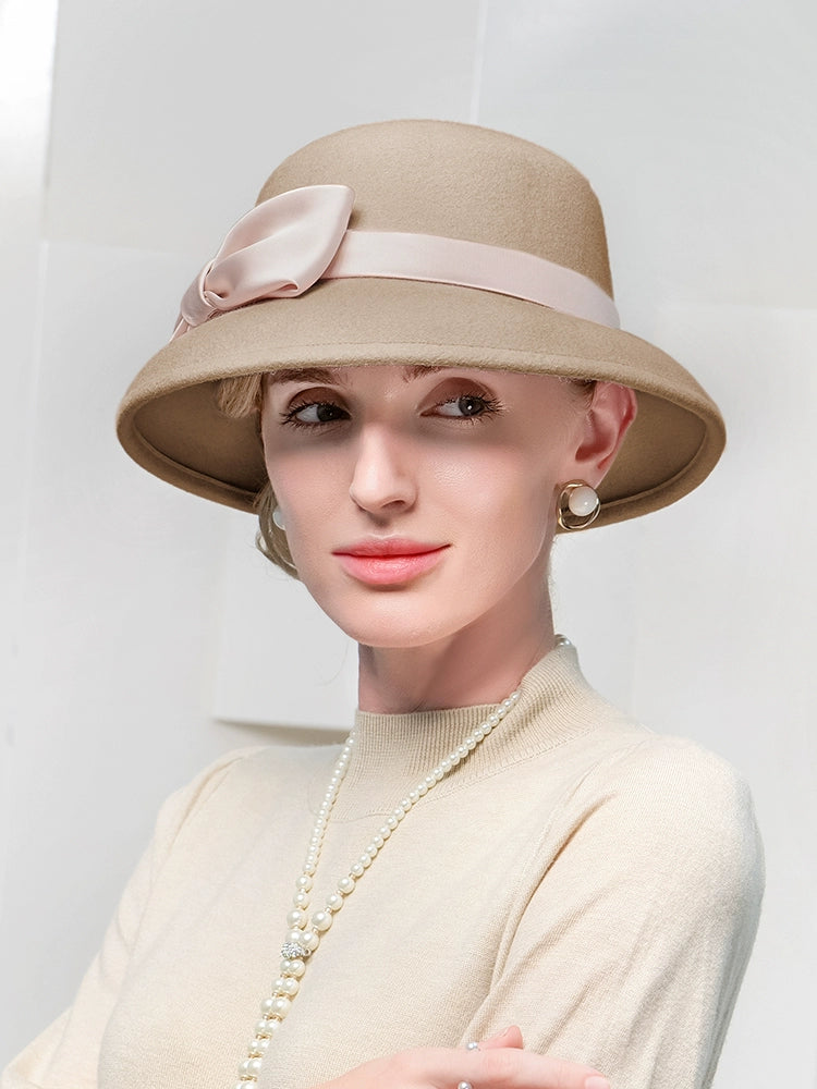 Elegant Vintage Church Hats 100% Wool Hats with Satin Bow Kentucky Derby Cloche Hats
