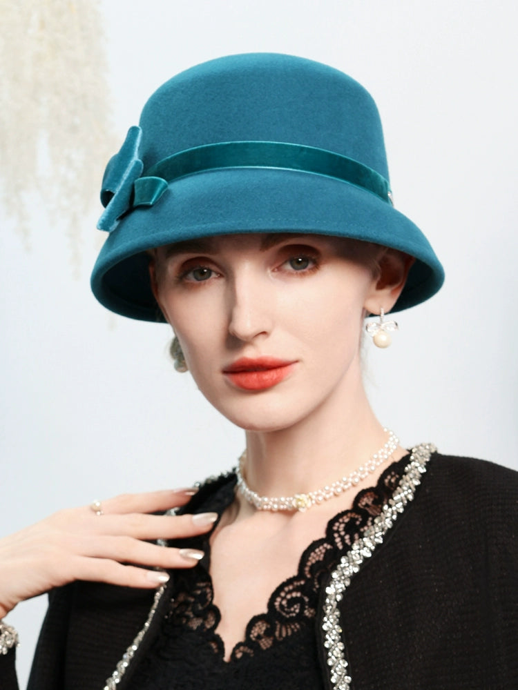 FADVES Women Solid Color Winter Hat 100% Wool Cloche Bucket Bowknot Fedora Hats 5030