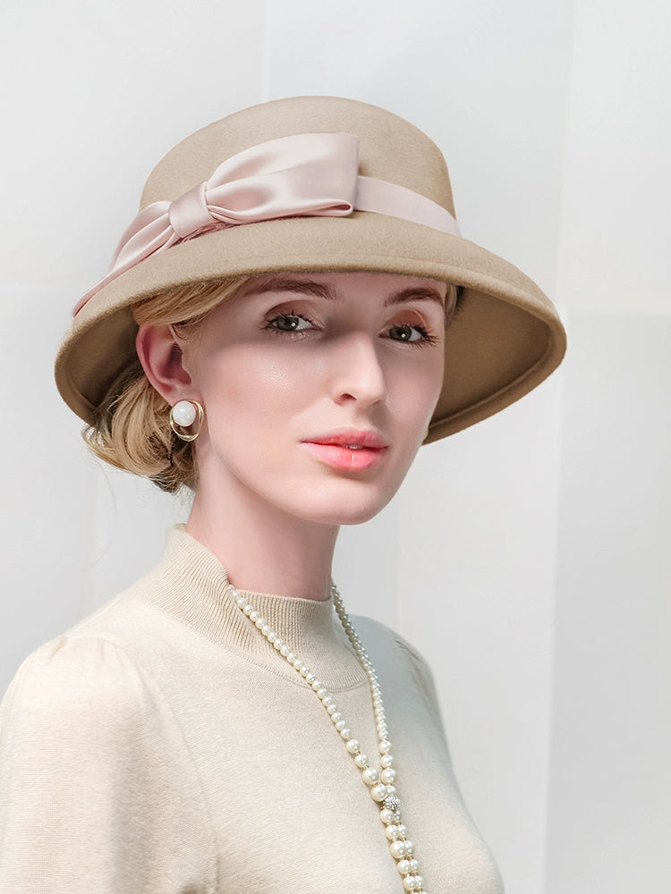 Elegant Vintage Church Hats 100% Wool Hats with Satin Bow Kentucky Derby Cloche Hats