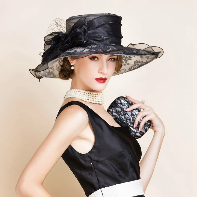 FADVES Womens Top Hat Big Flower Organza Church Kentucky Fascinator Tea Party Wedding Hats