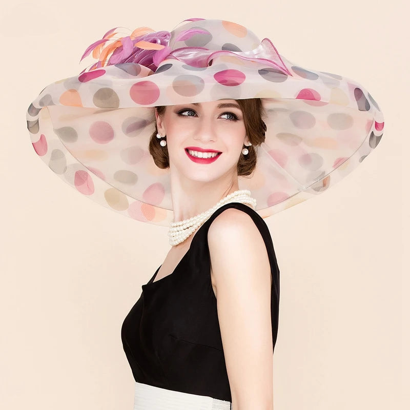 FADVES Women's Colorful/Wide Brim Polka Dot Organza Wedding/Kentucky Derby Church Hats