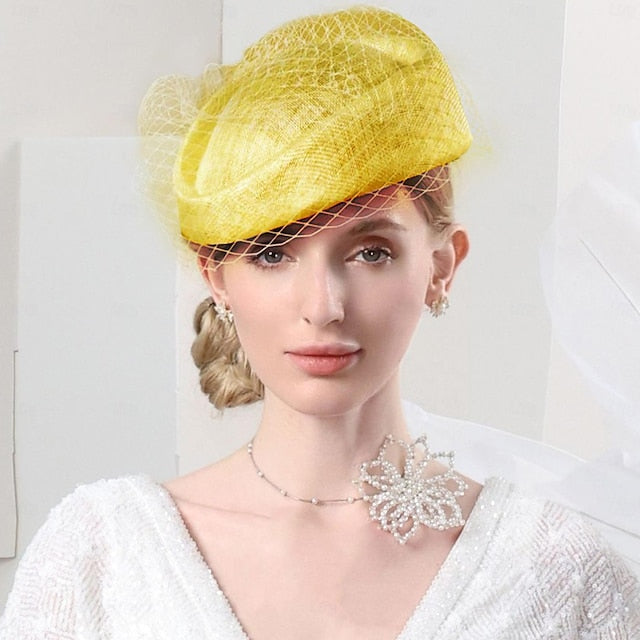 FADVES Hats Sinamay Saucer Hat Pillbox Hat Veil Hat Evening Party Cocktail Elegant British With Bowknot Tulle Headpiece Headwear