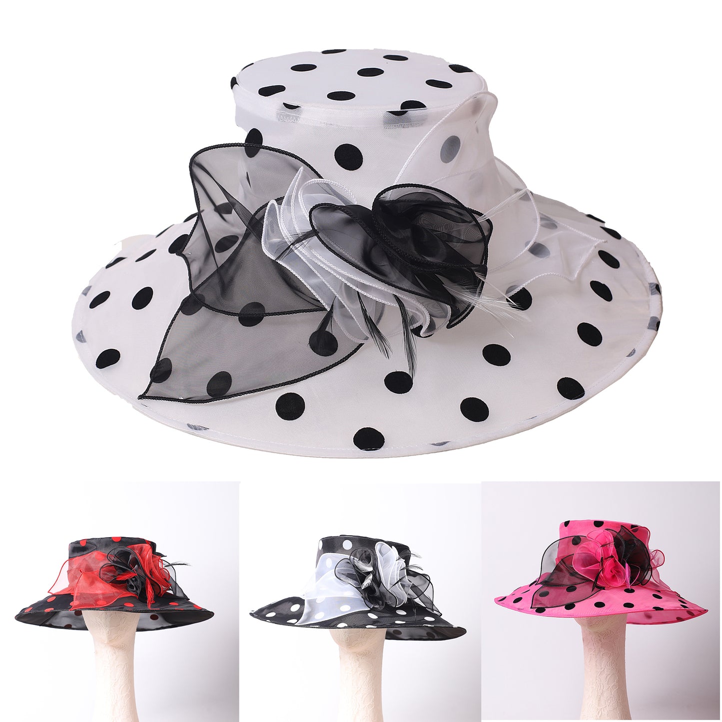 Women Church Hats Wide Brim Sun Derby Hat Organza Fascinators Kentucky Hats for Women Tea Party Wedding Hat 25013