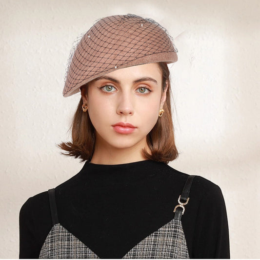 Vintage Wool French Beret Hat with Mesh Veil, Crystal Brooch Accent, Classic Beanie Winter Cap