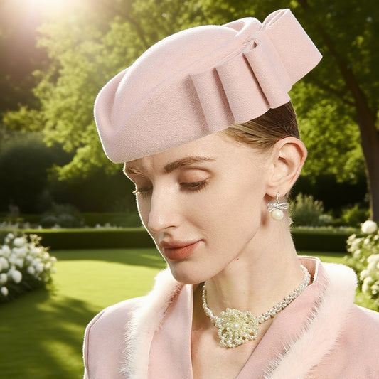FADVES Vintage Wool Pillbox Hat with Bow, Light Pink, Formal Church Wedding Fascinator, Women's Special Occasion Headwear 3160