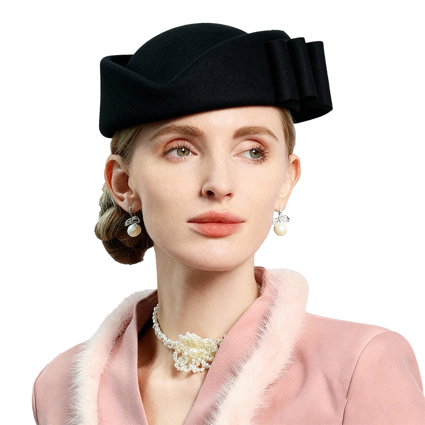 FADVES Vintage Wool Pillbox Hat with Bow, Light Pink, Formal Church Wedding Fascinator, Women's Special Occasion Headwear 3160
