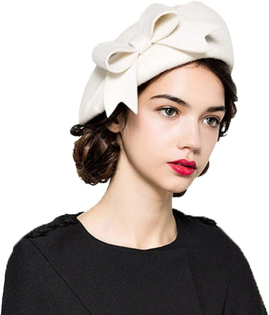 FADVES 100% Wool Beanie Hat French Dress Beret Winter Hat Vintage Fascinator Hats