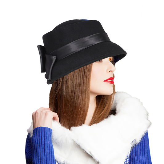 FADVES Women’s Vintage Wool Cloche Church Hat with Satin Bow Elegant Bowler Bucket Hat  6006for Tea Party Wedding Garden Formal Events