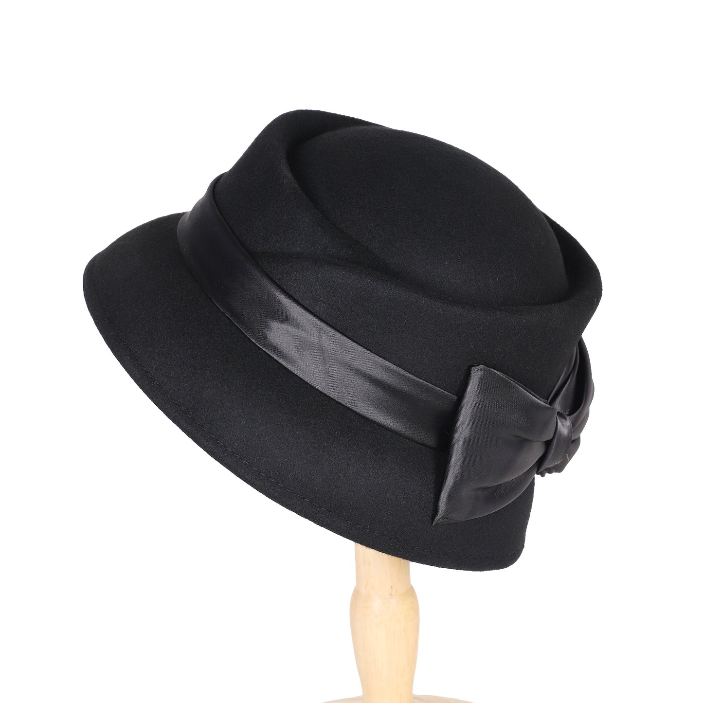FADVES Women’s Vintage Wool Cloche Church Hat with Satin Bow Elegant Bowler Bucket Hat  6006for Tea Party Wedding Garden Formal Events