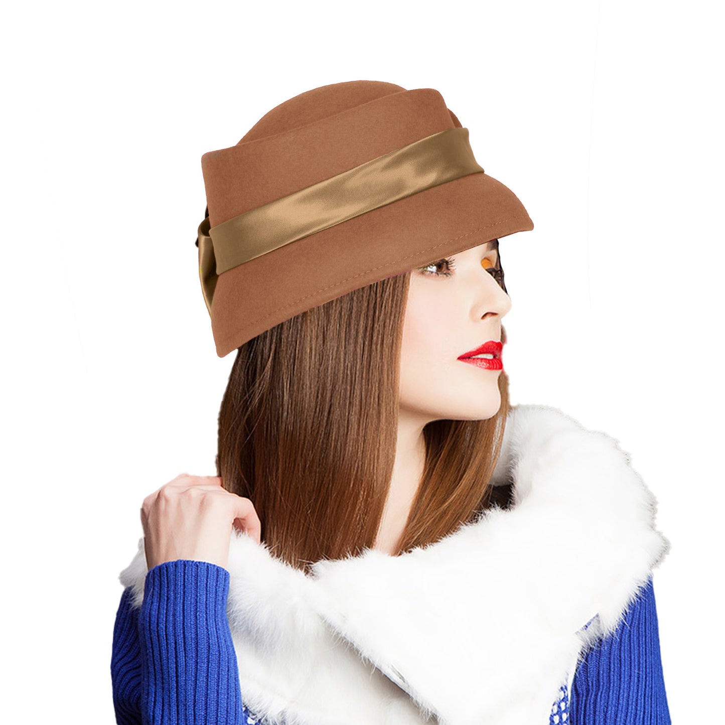 FADVES Women’s Vintage Wool Cloche Church Hat with Satin Bow Elegant Bowler Bucket Hat  6006for Tea Party Wedding Garden Formal Events