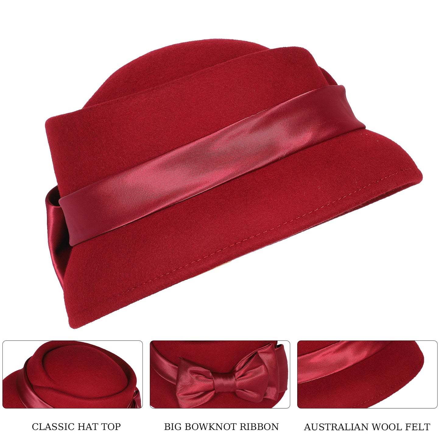 FADVES Women’s Vintage Wool Cloche Church Hat with Satin Bow Elegant Bowler Bucket Hat  6006for Tea Party Wedding Garden Formal Events