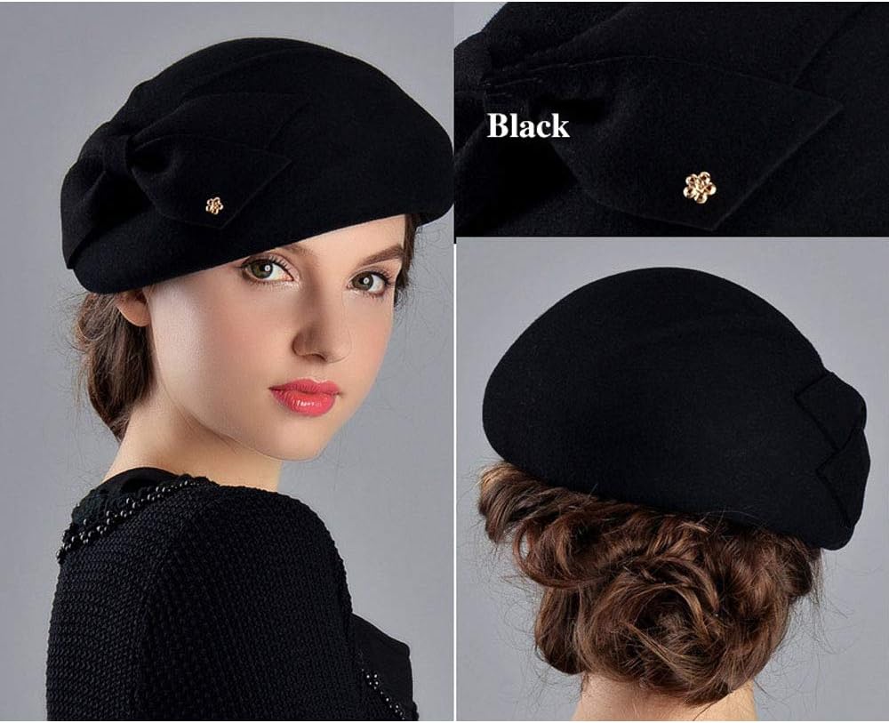 FADVES Womens Wool Felt French Berets Bowler Hat Artist Boina Bowknot Cap