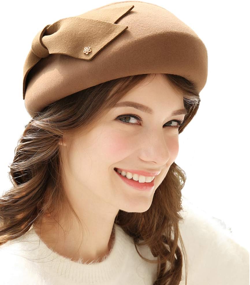 FADVES Womens Wool Felt French Berets Bowler Hat Artist Boina Bowknot Cap