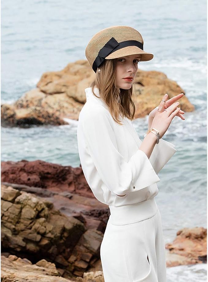 FADVES Women's Straw Cap Newsboy Gatsby Ivy Visor Beach Hat with Bowknot 7117