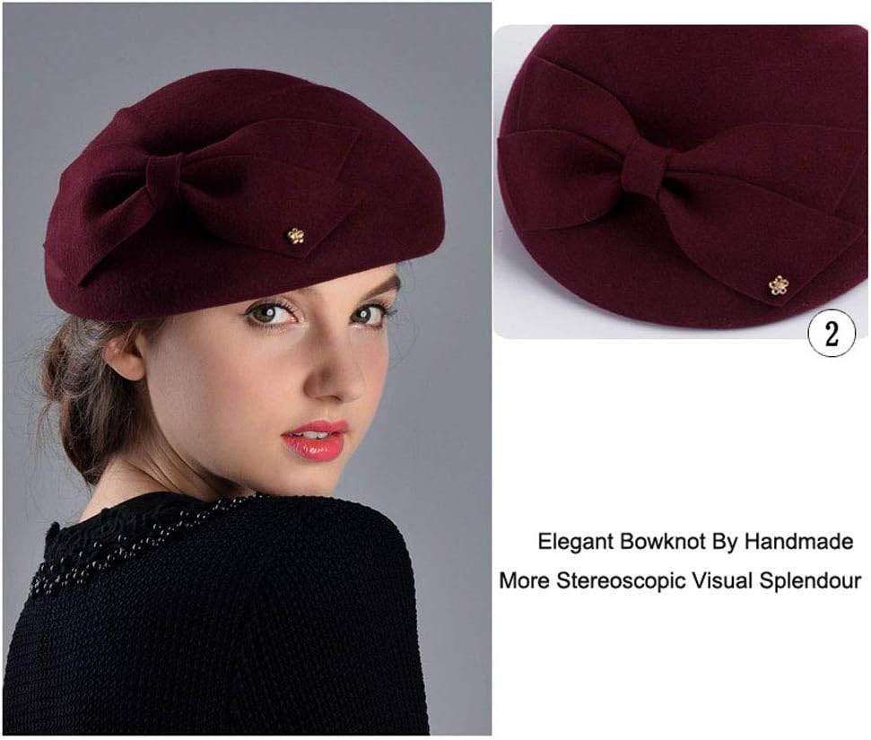 FADVES Womens Wool Felt French Berets Bowler Hat Artist Boina Bowknot Cap