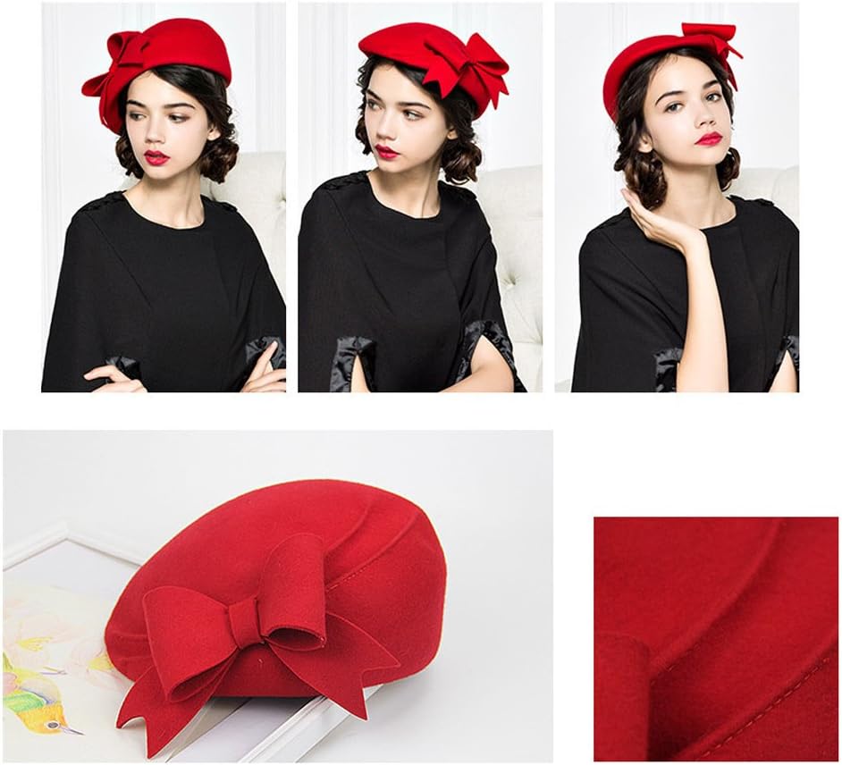 FADVES 100% Wool Beanie Hat French Dress Beret Winter Hat Vintage Fascinator Hats