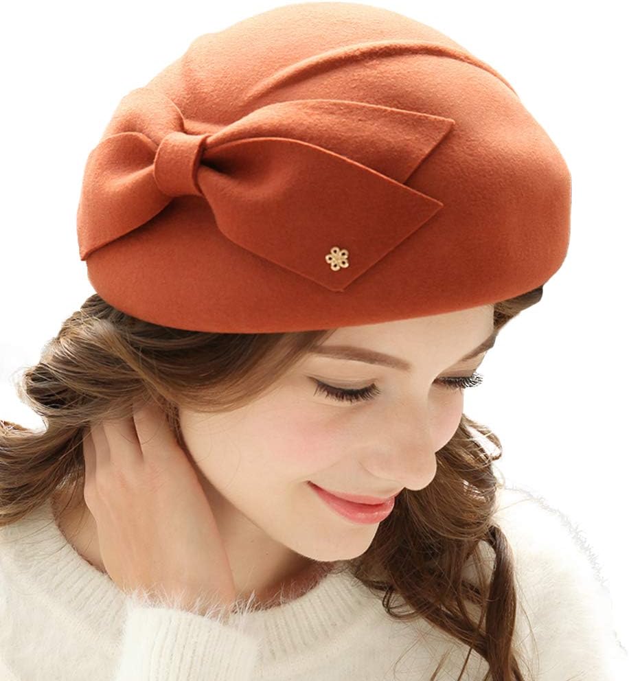 FADVES Womens Wool Felt French Berets Bowler Hat Artist Boina Bowknot Cap