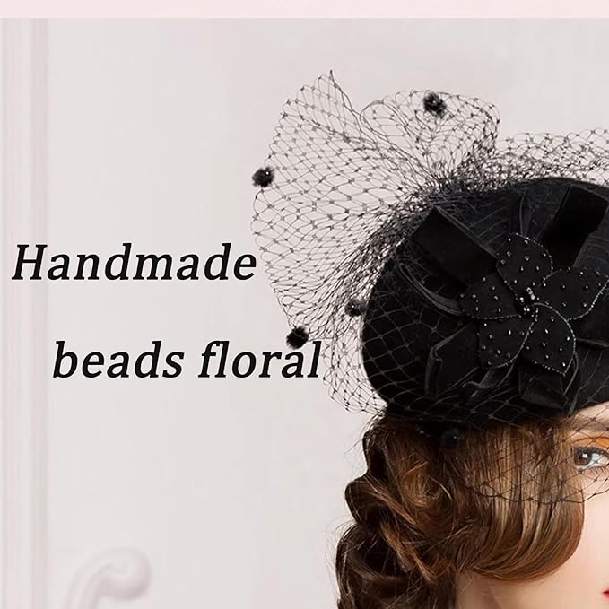 FADVES Vintage Wool Felt Fascinator Hat with Black Floral Accent and Veil, Leopard Pattern, Kentucky, Wedding, Tea Party,Derby Headpiece 5058