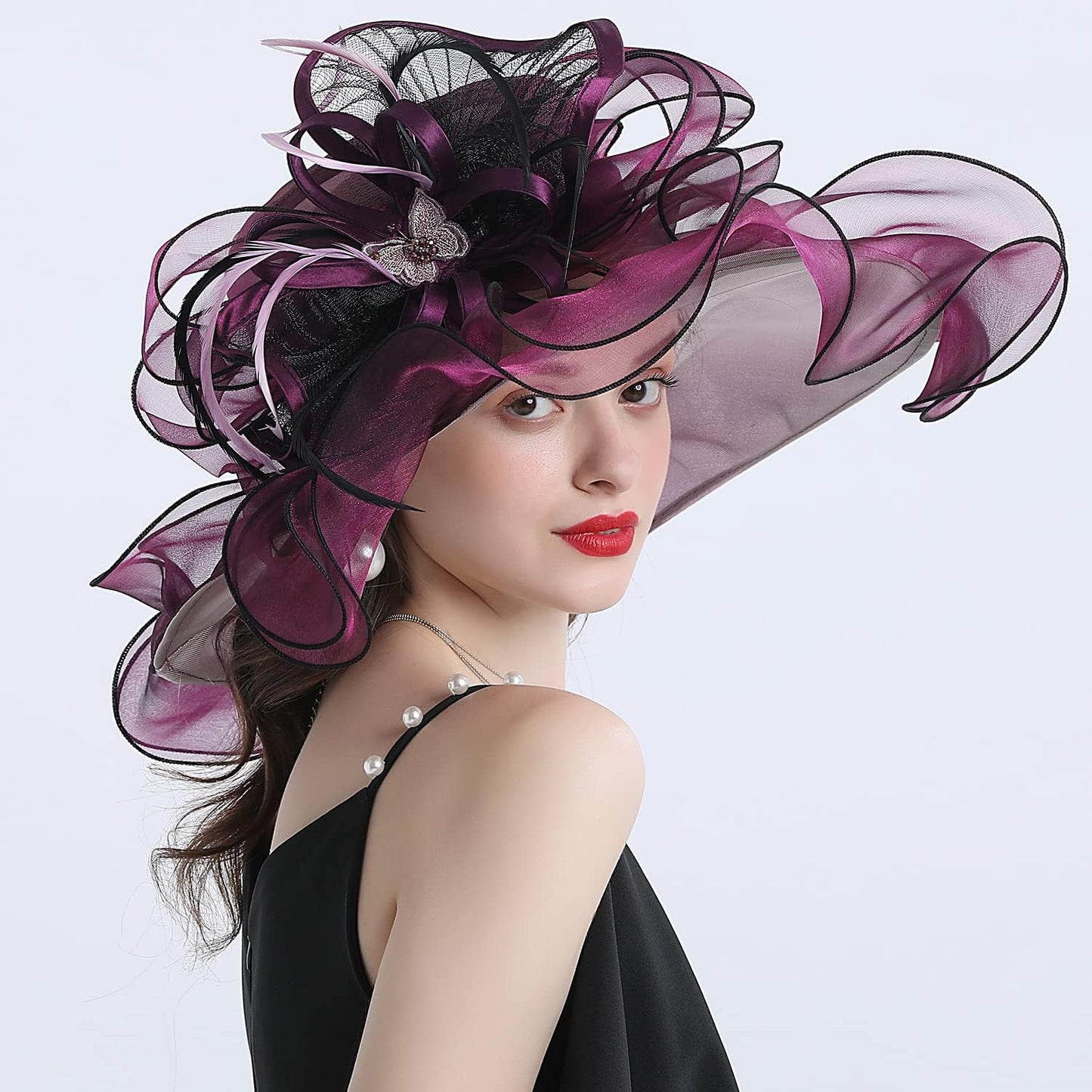FADVES Women's Wide Brim Organza Tea Derby Sun Hat Butterfly Decoration Tea Party Wedding Bridal Church Fascinator…