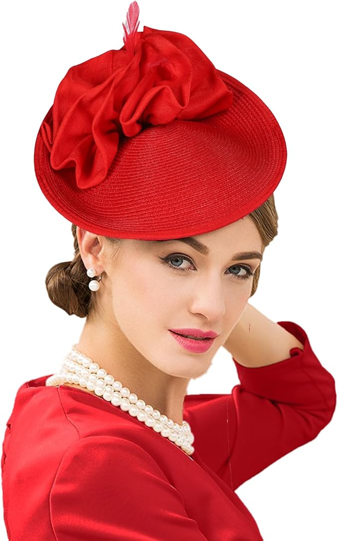 FADVES Fascinators Kentucky Derby Hat Elegant Pastoral Abaca Headbands Pillbox Hat with Ruching / Evening / Tea Party / Melbourne Cup Headpiece 2203