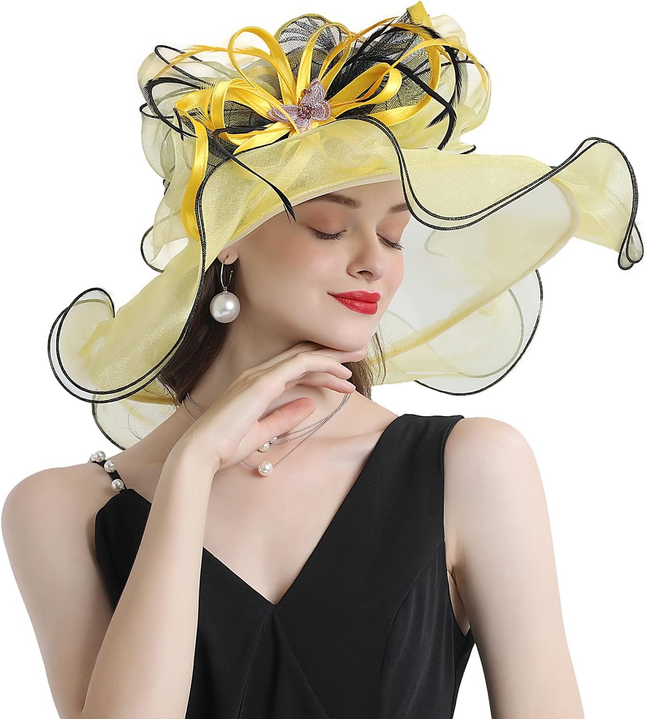 FADVES Women's Wide Brim Organza Tea Derby Sun Hat Butterfly Decoration Tea Party Wedding Bridal Church Fascinator…