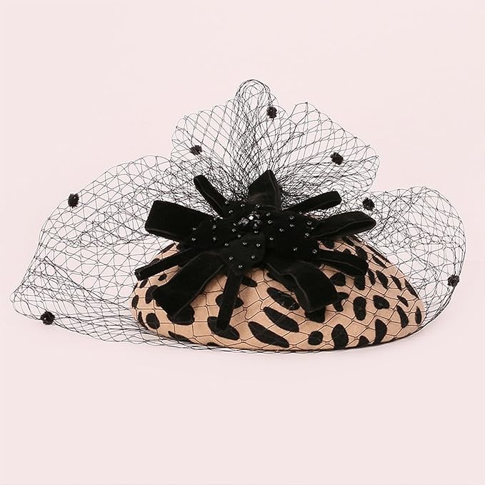 FADVES Vintage Wool Felt Fascinator Hat with Black Floral Accent and Veil, Leopard Pattern, Kentucky, Wedding, Tea Party,Derby Headpiece 5058