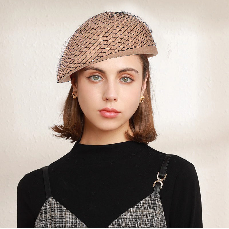 Vintage Wool French Beret Hat with Mesh Veil, Crystal Brooch Accent, Classic Beanie Winter Cap