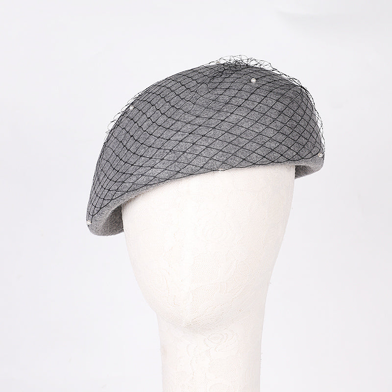 Vintage Wool French Beret Hat with Mesh Veil, Crystal Brooch Accent, Classic Beanie Winter Cap