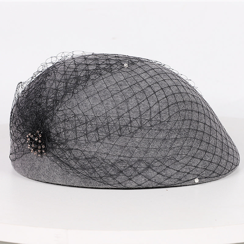 Vintage Wool French Beret Hat with Mesh Veil, Crystal Brooch Accent, Classic Beanie Winter Cap