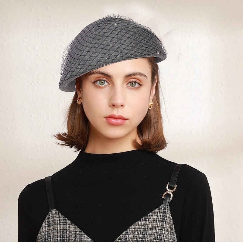 Vintage Wool French Beret Hat with Mesh Veil, Crystal Brooch Accent, Classic Beanie Winter Cap
