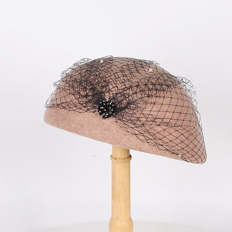 Vintage Wool French Beret Hat with Mesh Veil, Crystal Brooch Accent, Classic Beanie Winter Cap