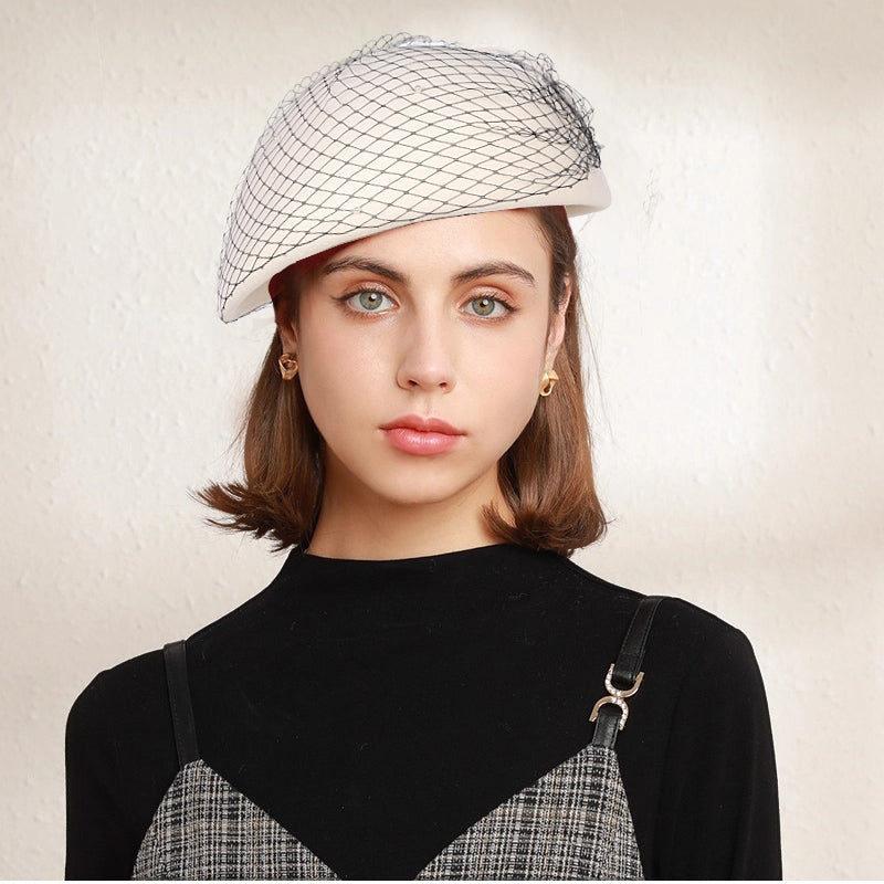 Vintage Wool French Beret Hat with Mesh Veil, Crystal Brooch Accent, Classic Beanie Winter Cap