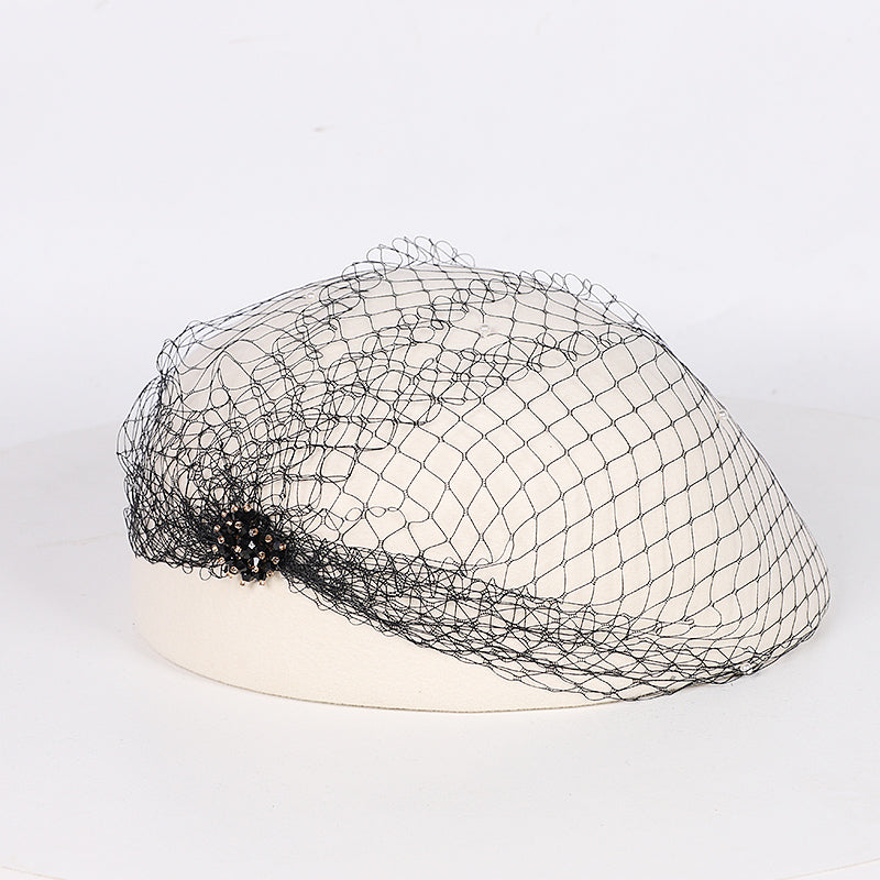 Vintage Wool French Beret Hat with Mesh Veil, Crystal Brooch Accent, Classic Beanie Winter Cap