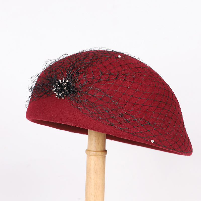 Vintage Wool French Beret Hat with Mesh Veil, Crystal Brooch Accent, Classic Beanie Winter Cap