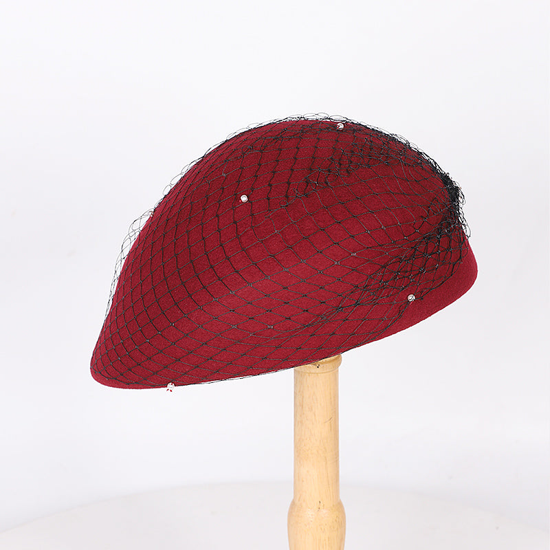 Vintage Wool French Beret Hat with Mesh Veil, Crystal Brooch Accent, Classic Beanie Winter Cap