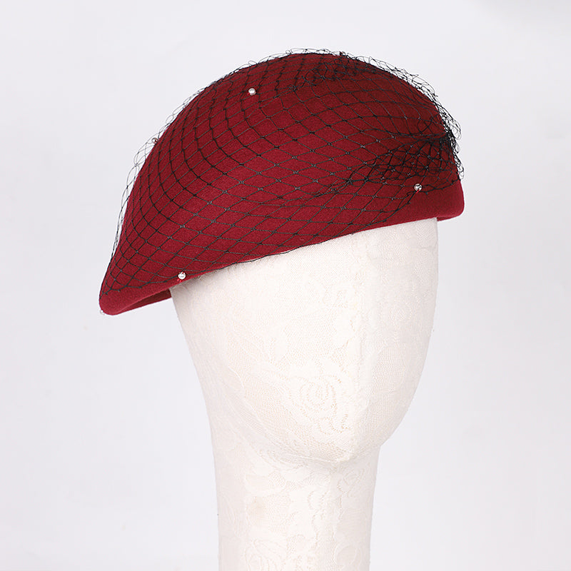 Vintage Wool French Beret Hat with Mesh Veil, Crystal Brooch Accent, Classic Beanie Winter Cap