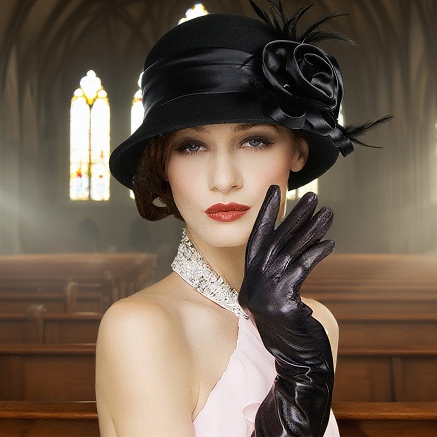 FADVES Vintage 1920s Wool Cloche Hat Black Elegant Floral Feather Church Fascinator Hat Derby Dress Hat with Satin Rose Embellishment 8009