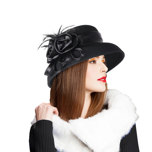 FADVES Vintage 1920s Style Wool Cloche Hat, Black with Satin Flower, Church Derby Fascinator, Feather Accent 8005