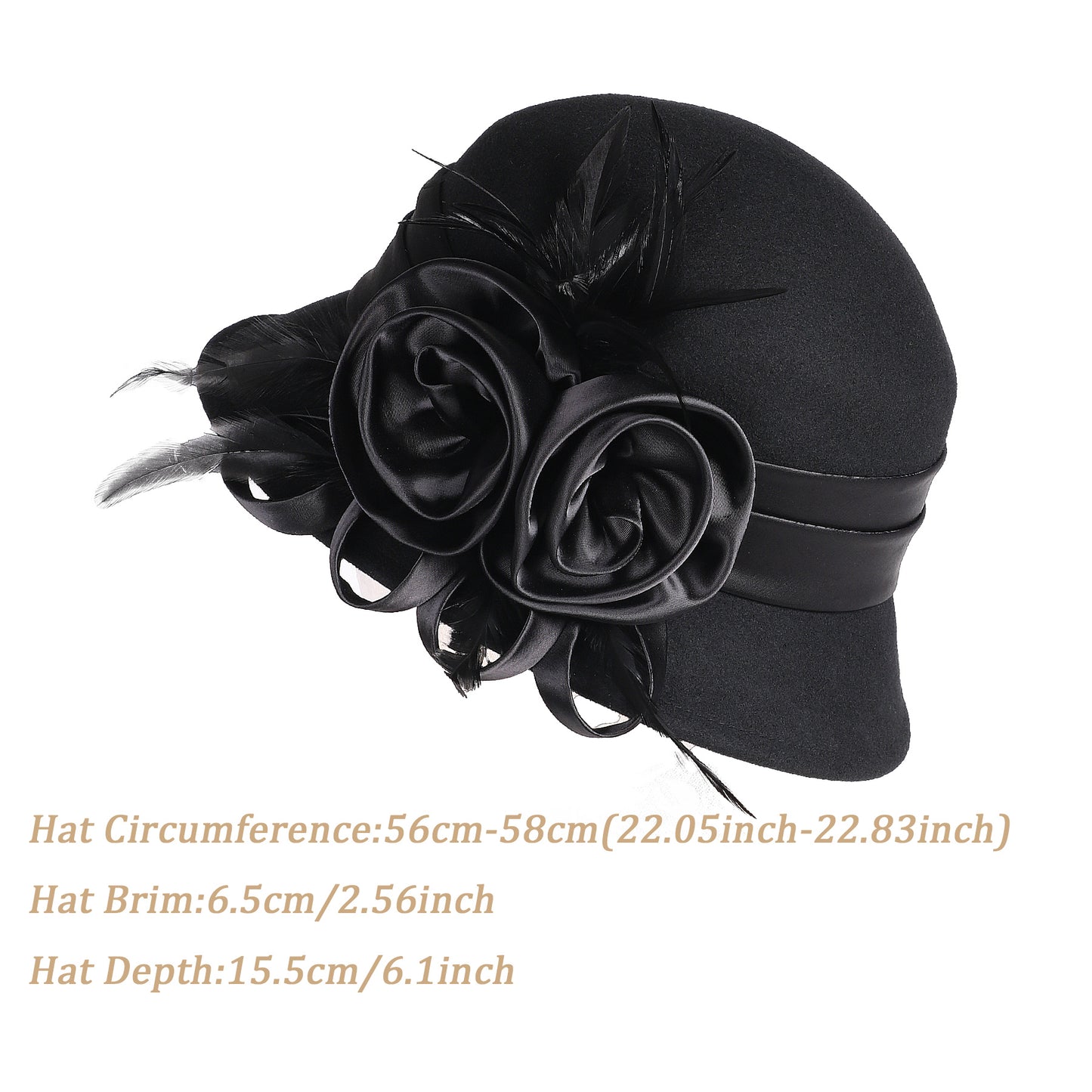 FADVES Vintage 1920s Wool Cloche Hat Black Elegant Floral Feather Church Fascinator Hat Derby Dress Hat with Satin Rose Embellishment 8009